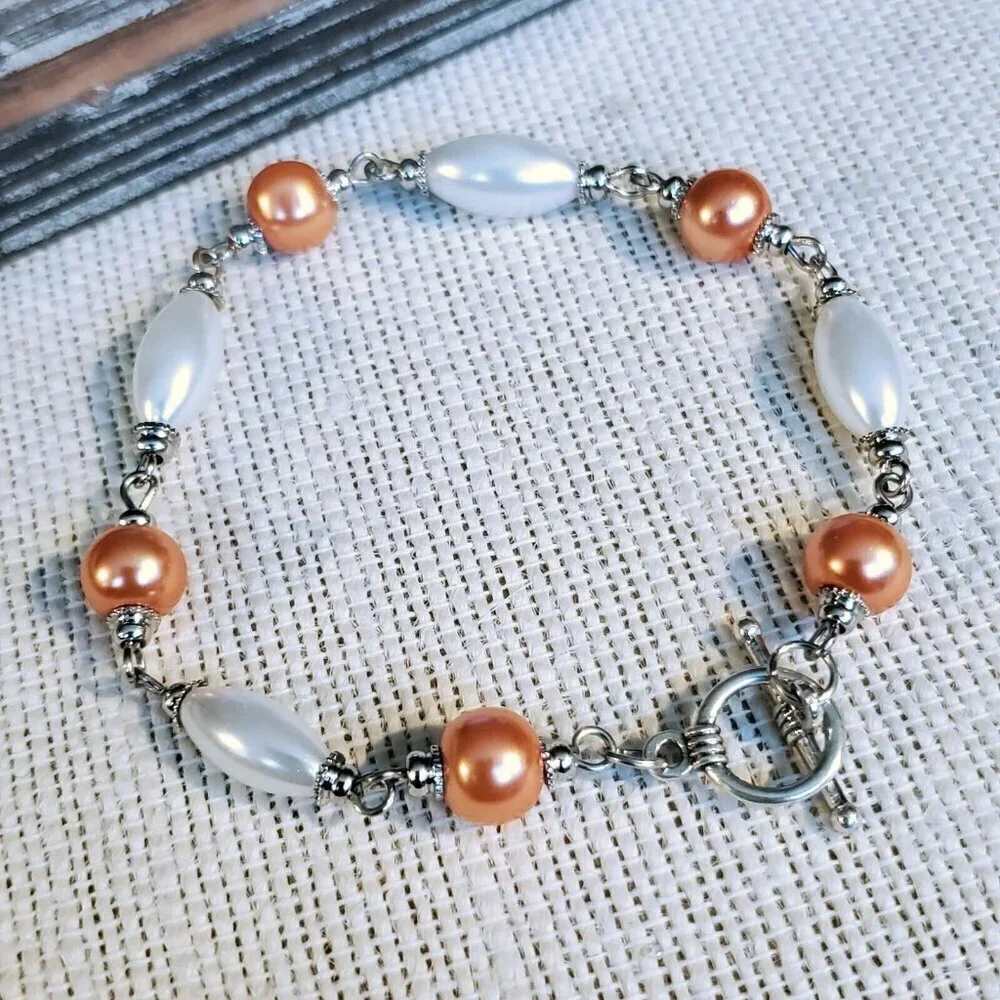 Glass Pearl Bracelet Silver White Orange Peach